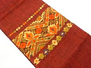 手織り紬横段に花唐草・幾何学模様織出し名古屋帯